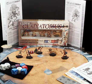 Ludus Gladiatorius 2 -  Ref: Glad2 
 
 A complete game in it's own right, totally compatible with Ludus Gladiatorius 1.

 Everything you need is supplied, including prepainted gladiators, a playsheet, colour-coded dice, even a pouch to randomly pick counters from..

5 New Gladiators - Retiarius; Amazon; Bestiarius; Criminal; Lion. 

Price (incl VAT):  �.00 