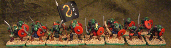 A 16 figure unit straight from the Fantasy Warrior rules, with Commander, Standard, Musician, and Champion, using all 3 Orc models.